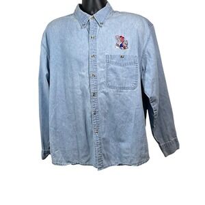 Blue Pointe Mens L Denim Button Down Shirt Light Wash Embroidered Squirrel Sled
